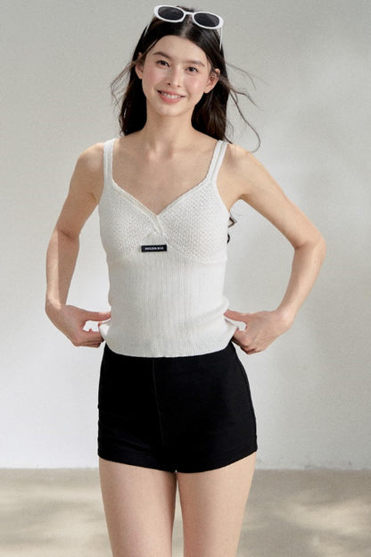 Textured White V-Neck Knitted Suspender Top