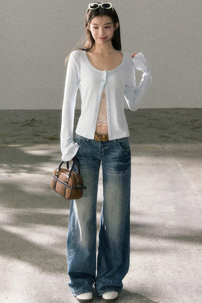 Lace-Detail Micro-Flare Knit Top