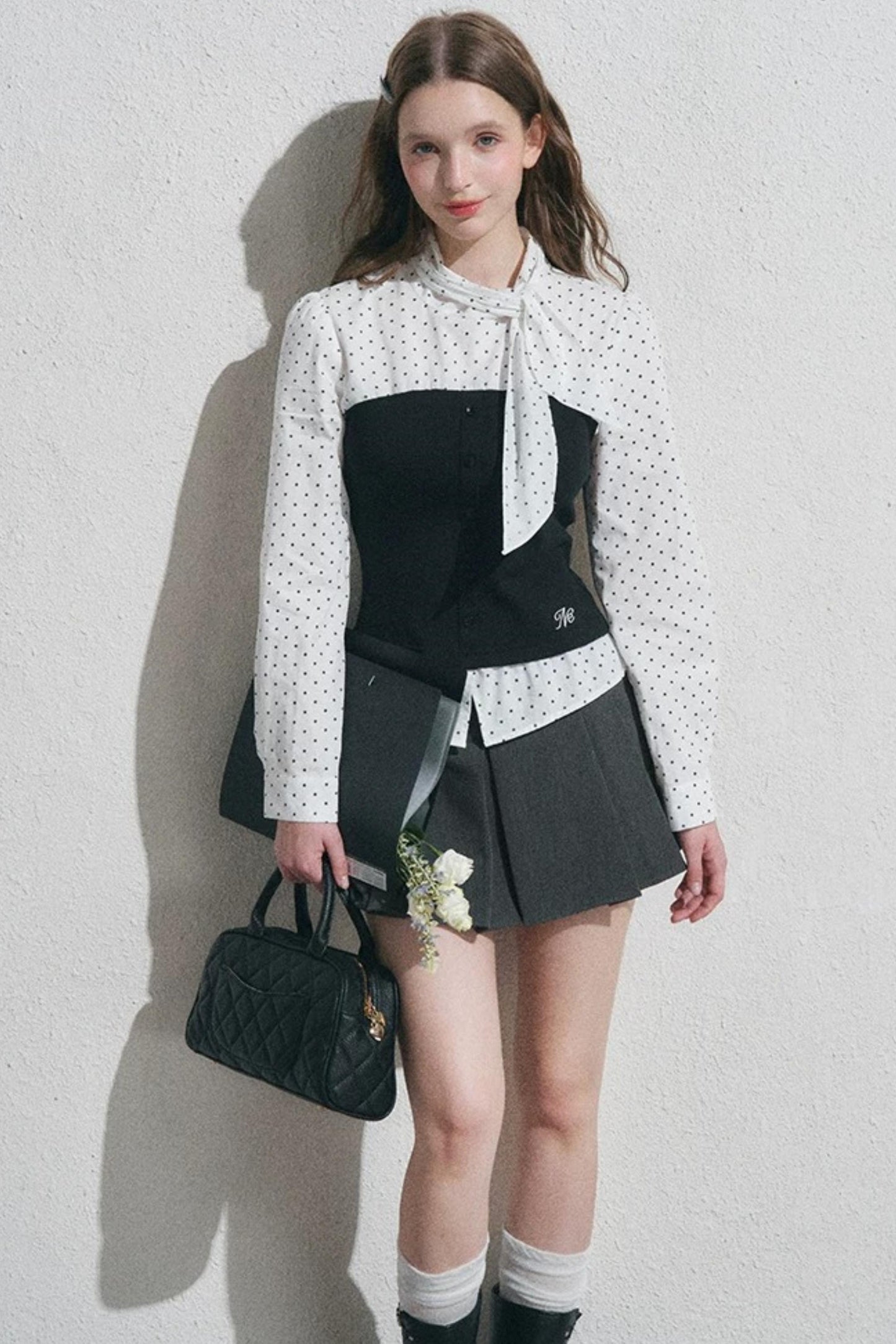 Bow Tie Spliced Shirt and Pleated Mini Skirt Set-Up