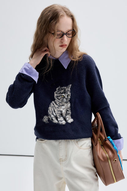 Jacquard Kitten Embroidered Crewneck Top