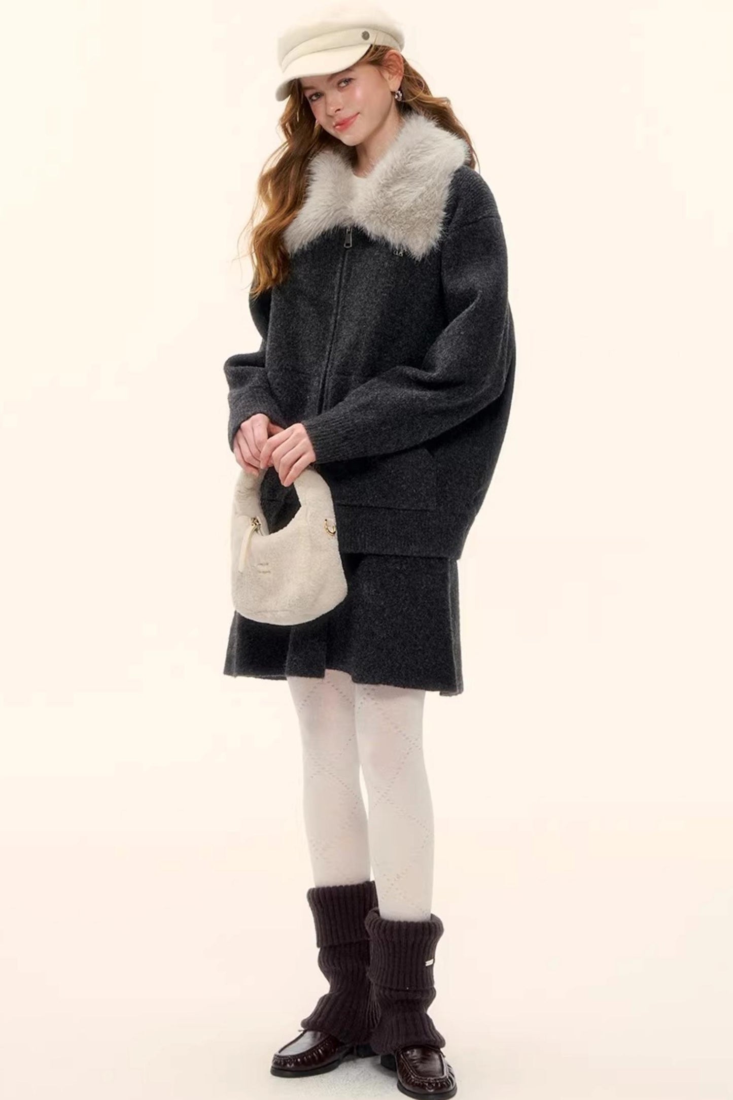 Wool Blend Lapel Fur Collar Coat Set-Up