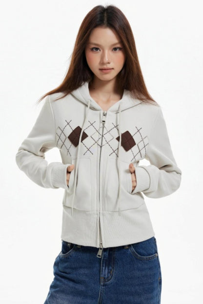 Diamond Plaid Hooded Waist Jacket
