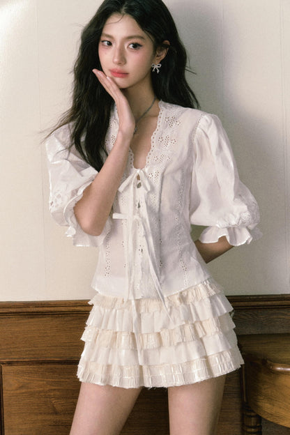 Bubble Sleeve Two Piece Cake Skirt Set-Up