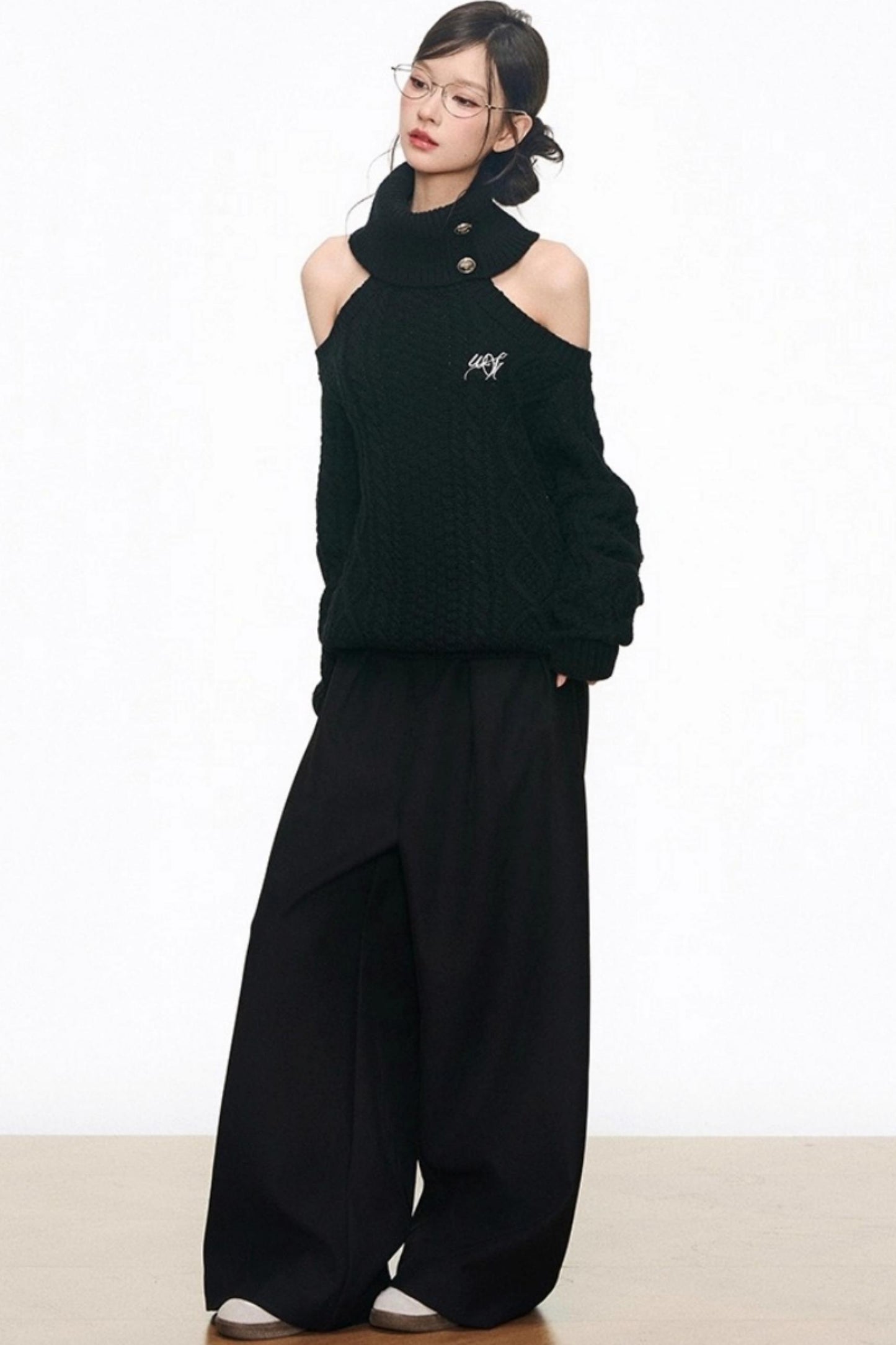 Autumn Silver Off-the-Shoulder Sweater Top Set-Up