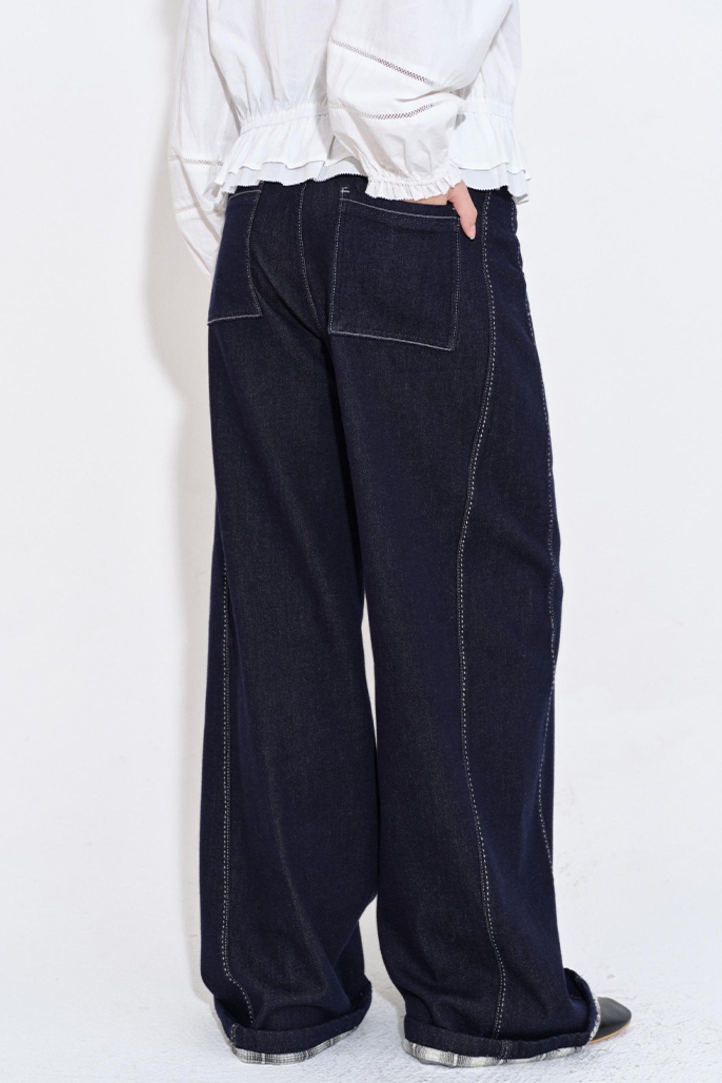 Textured Plaid Patchwork Jeans Pants