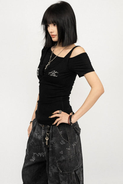 Retro-Asymmetrisches-Schwarz-Oberteil