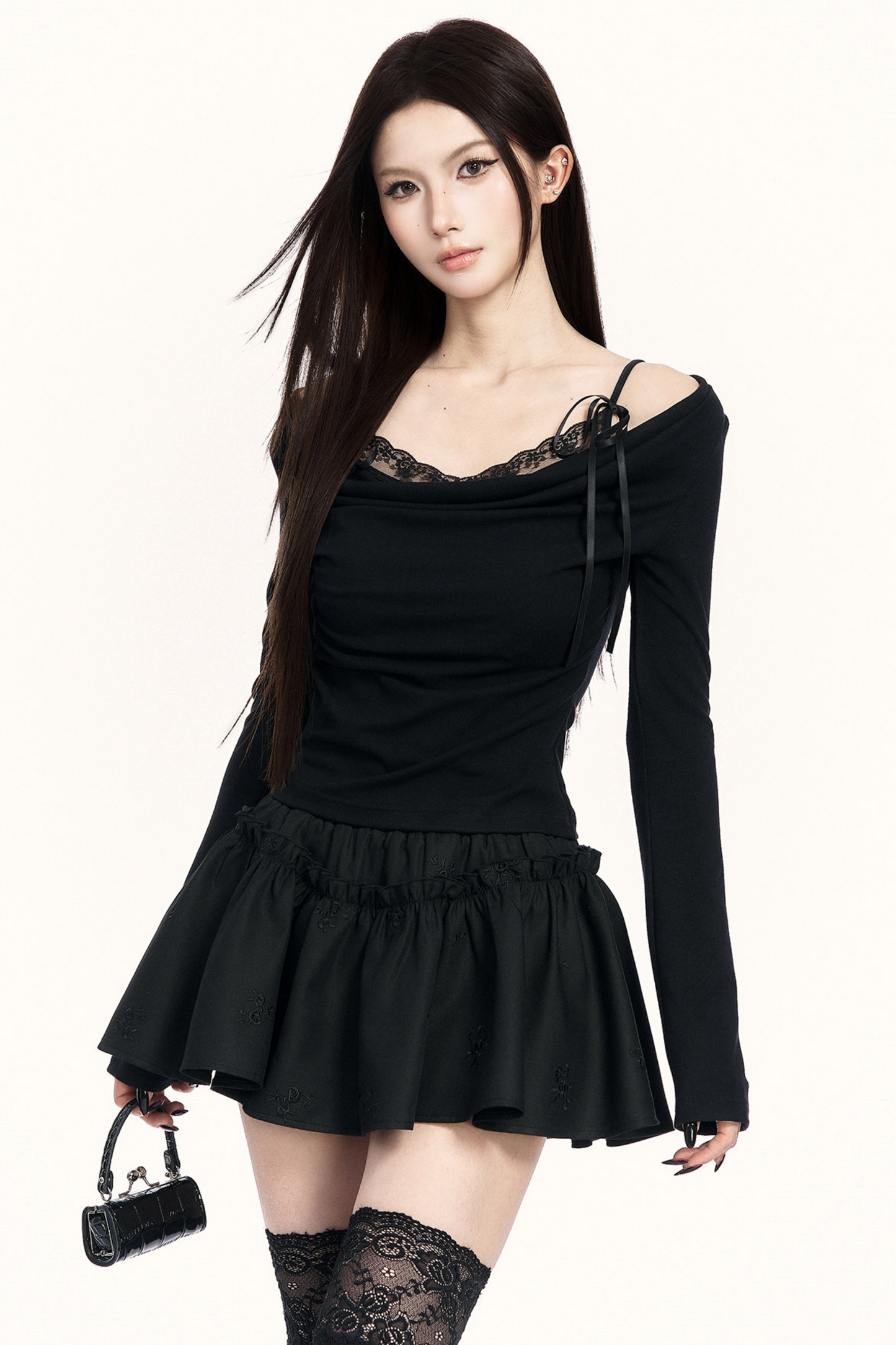 Lace Draped Collar Knitted Top