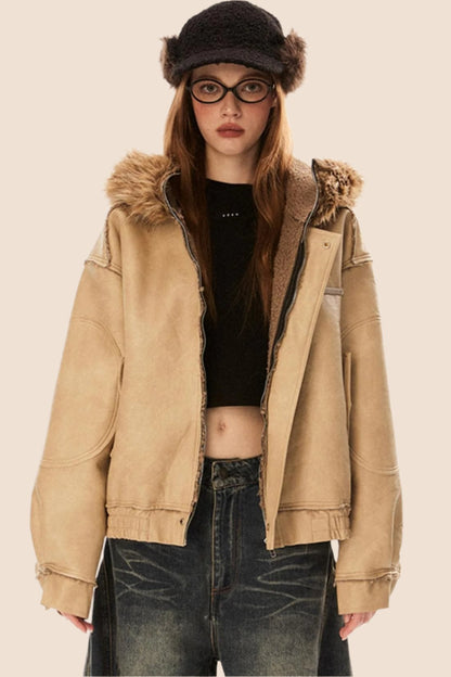 Vintage Fur Collar Hooded Leather Jacket