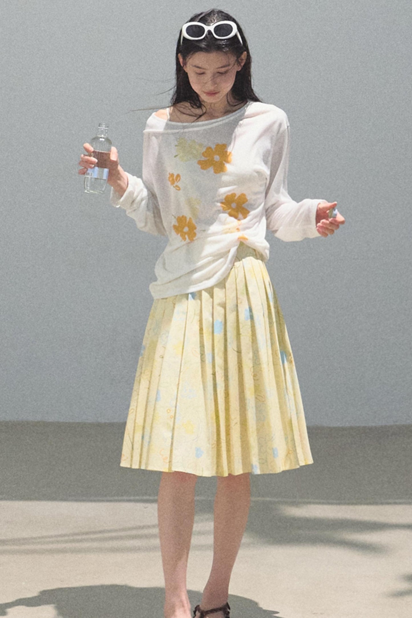 Running Waves Cotton Poplin Pleated Midi Skirt