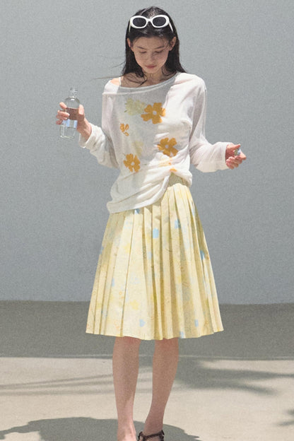 Running Waves Cotton Poplin Pleated Midi Skirt