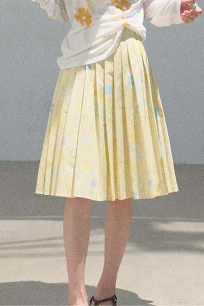 Running Waves Cotton Poplin Pleated Midi Skirt