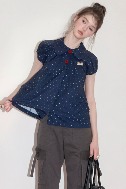 Maglia aderente retrò con colletto Peter Pan a pois