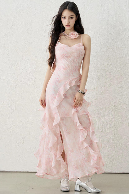 Pink Ruffled Spaghetti Dress Set