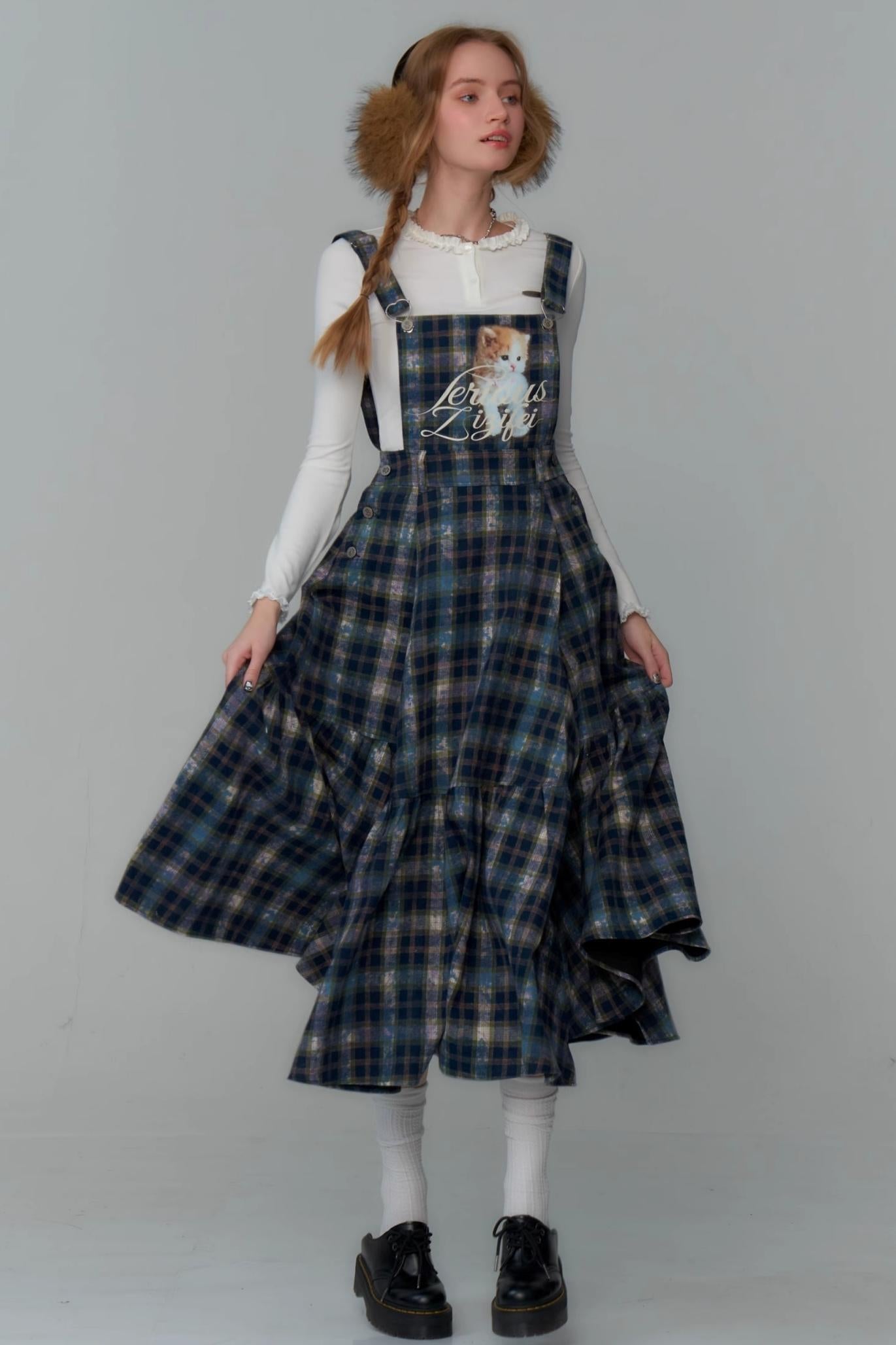 Slim Fit Cat Design Plaid Dress