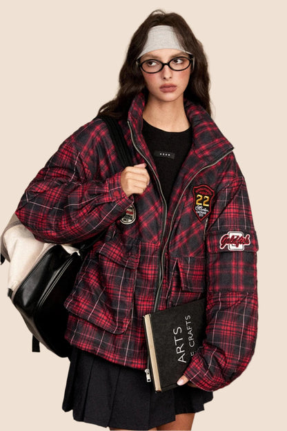 EZEK American Retro Stand Collar Red Plaid Cotton Jacket Baumwolljacke Women's Loose Lazy Thickened Cotton Jacket Breadwear Jacket