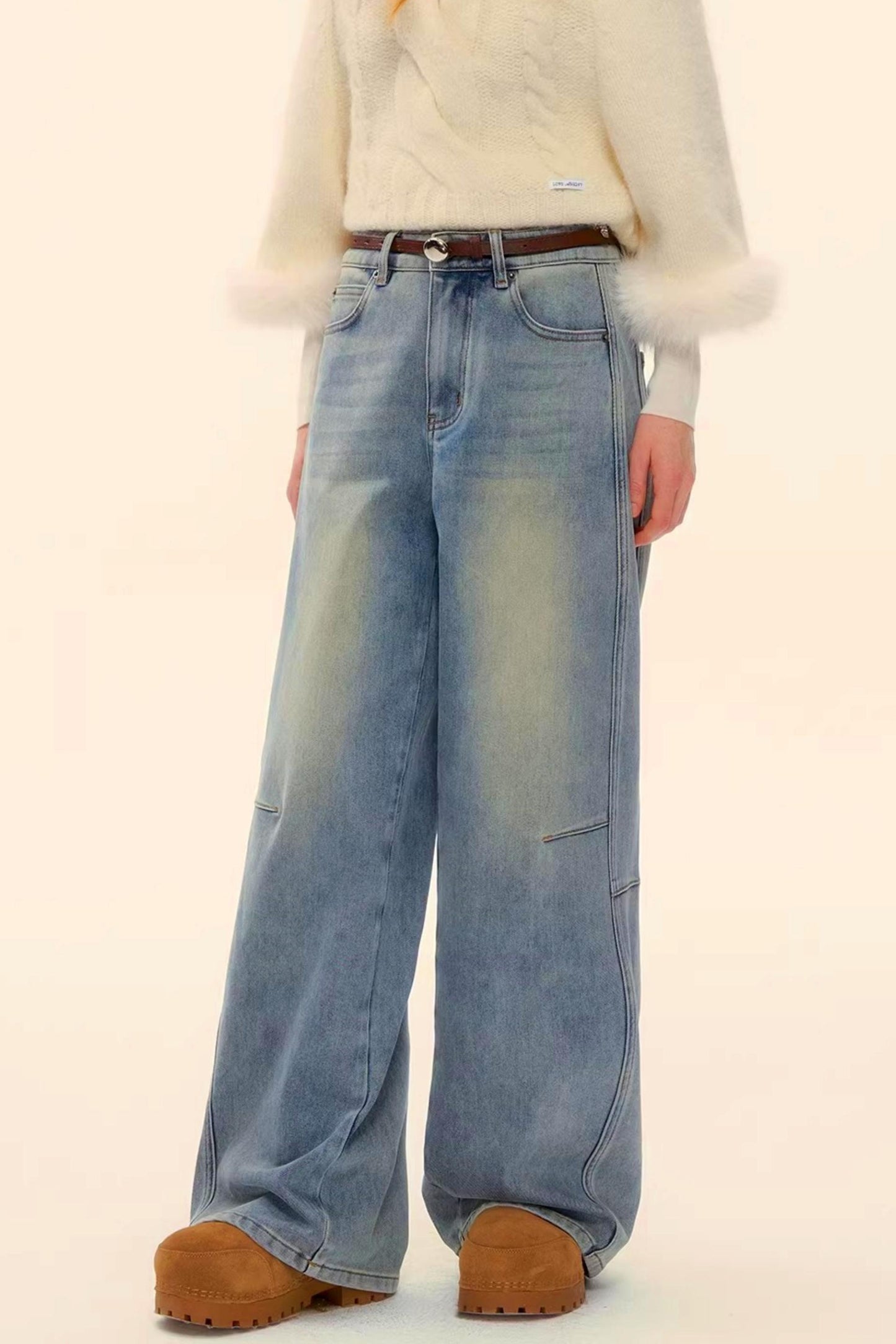 Washed Denim Curved Cut Pants
