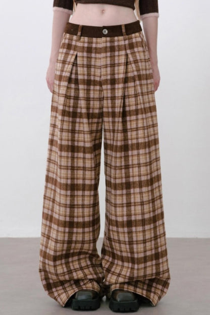 Retro Style Plaid Wide-Leg Pants