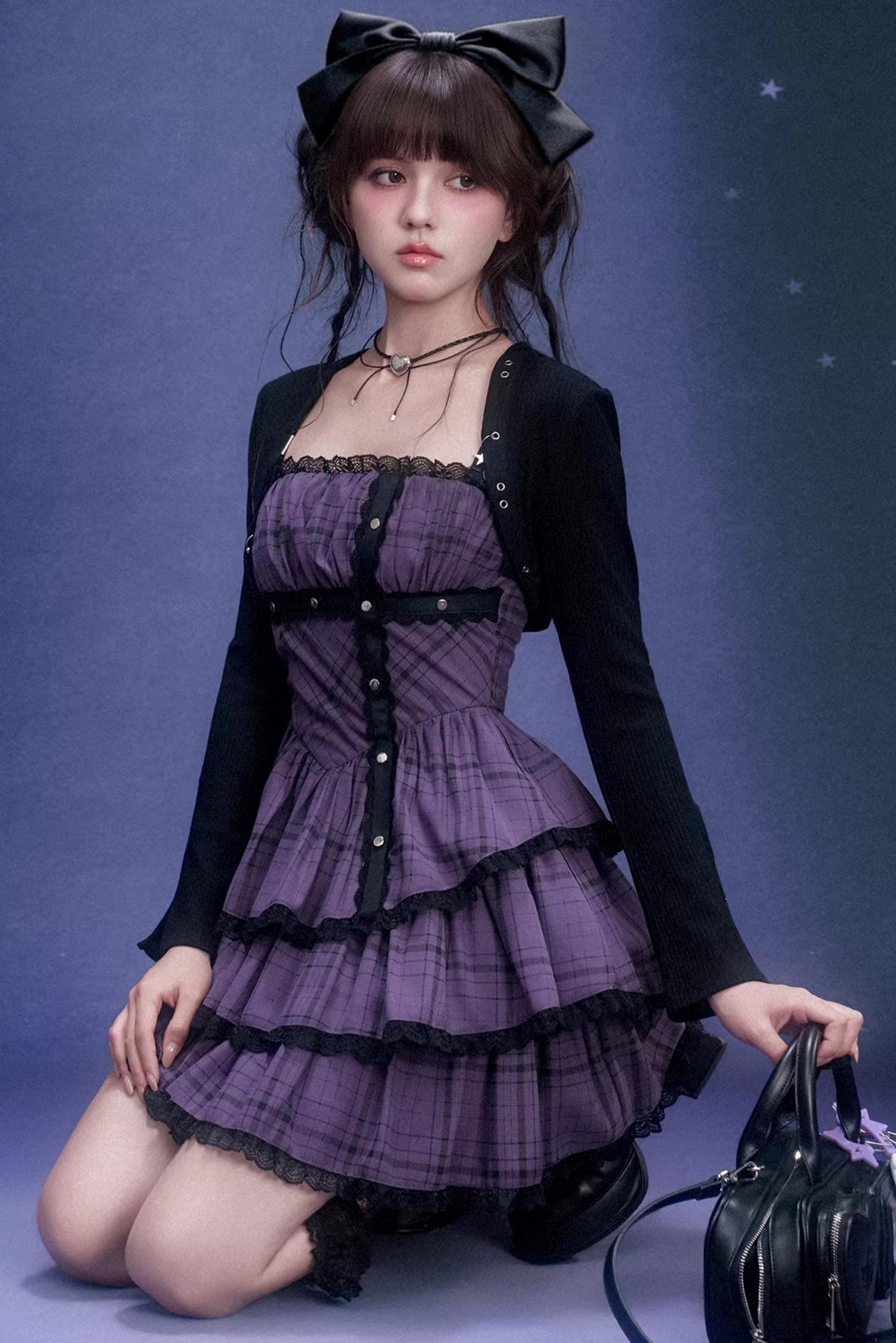 Grape Purple Plaid Strapless Dress Set