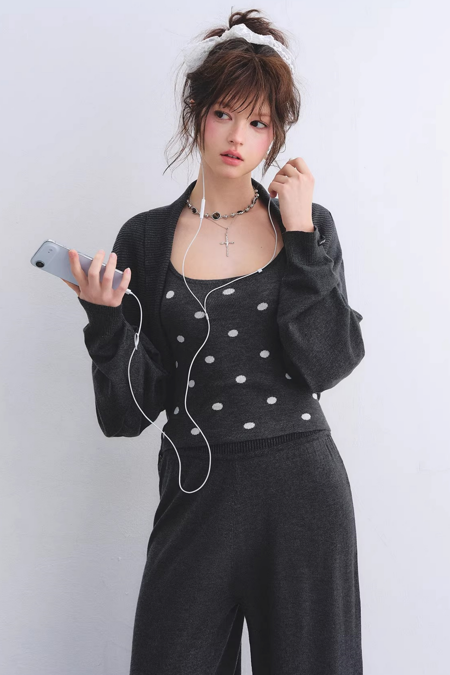 Lyocell Polka Dot Cardigan Camisole Set-Up