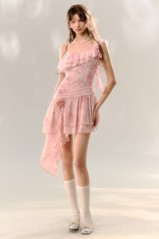 SunsetPark "Pink Butterfly Dreams" Unregelmäßiges Sonnenkleid Pre-Fall Base Streamer Dress