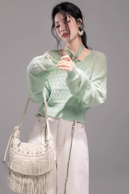 Ensemble Gilet Tricoté Vert Printemps