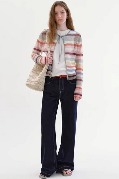 Color-Blocked Striped Knit Cardigan