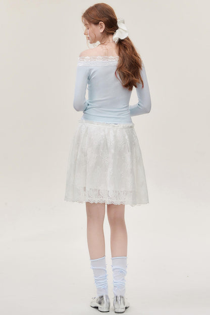 Light  Blue Lace One-Shoulder Top