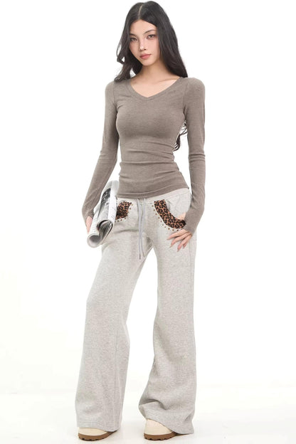 Leopard Print Patchwork Flared Pants