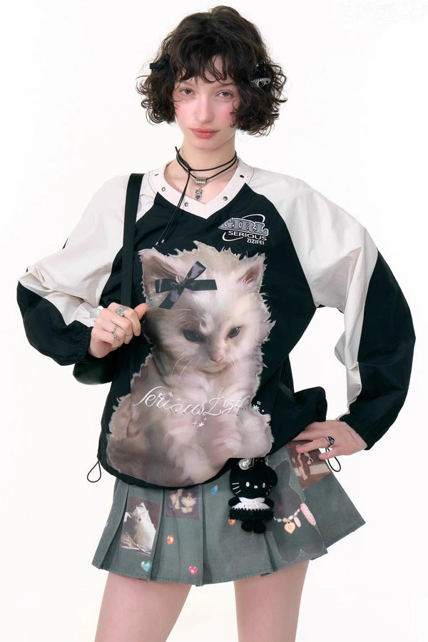 American Cat Print V-Neck Top