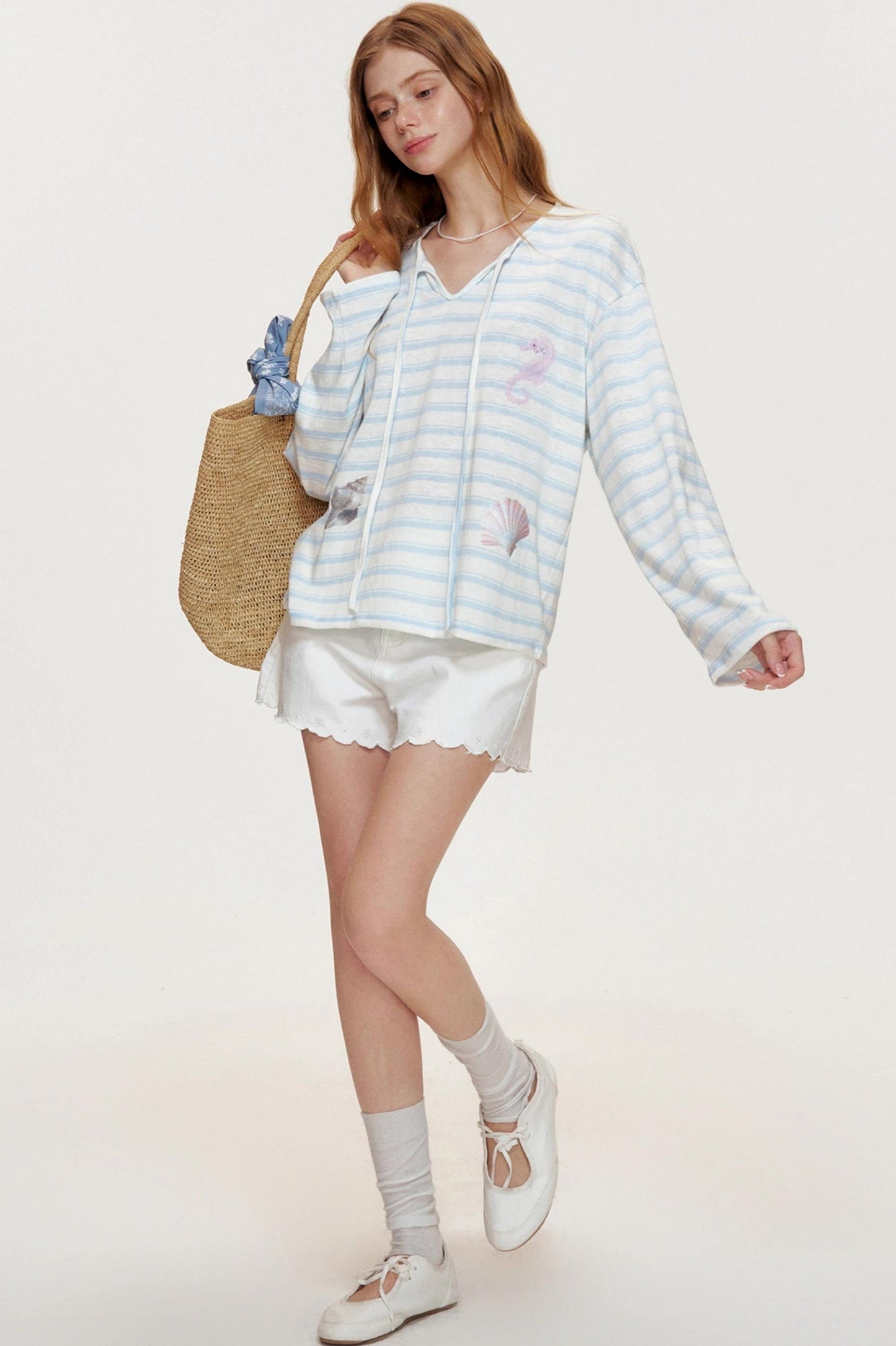 Blue Ocean Shell Starfish Lace-up Smock Shirt