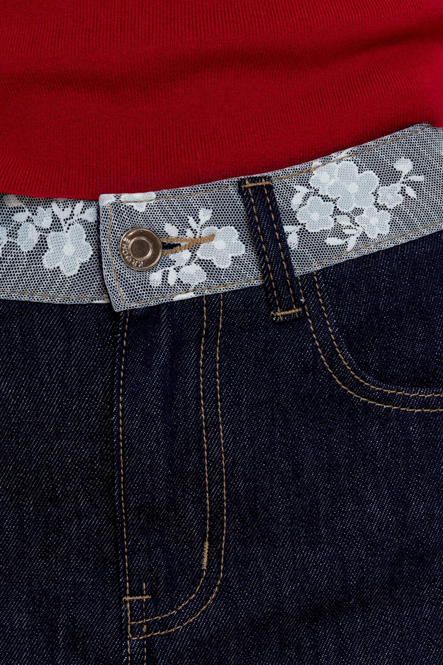 French Lace-panel A-line Denim Skirt