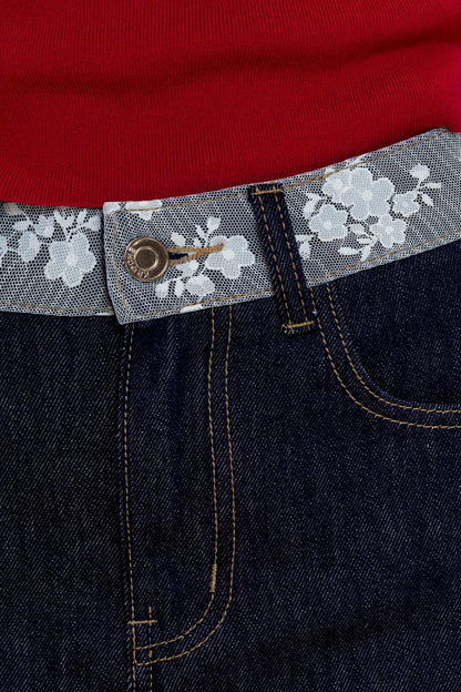 French Lace-panel A-line Denim Skirt