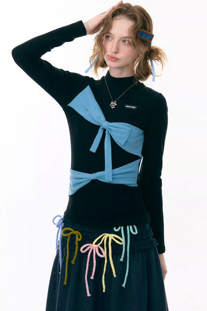 Retro Contrast Bow Knit Top