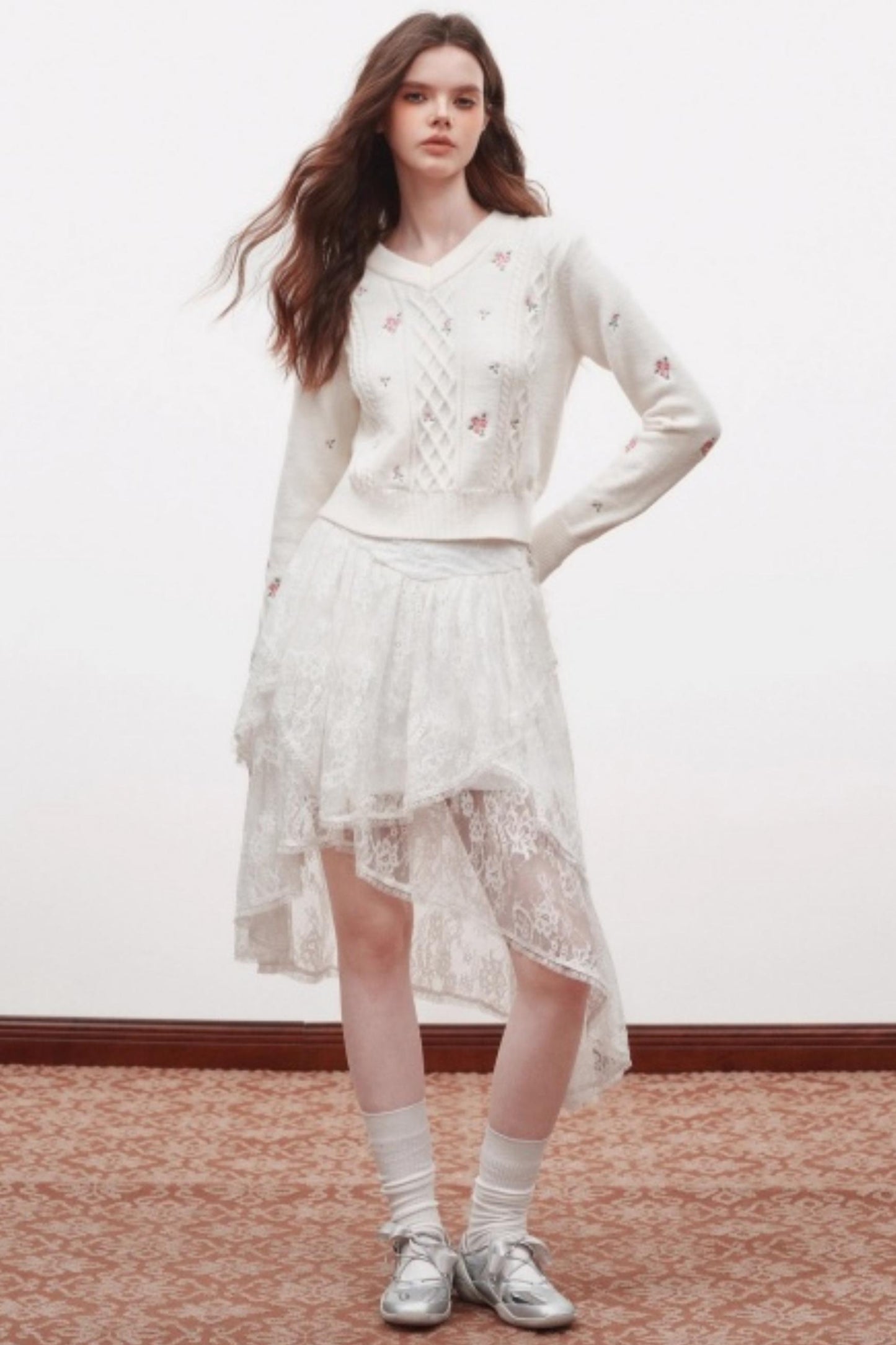 Embroidered V-Neck Knit Sweater