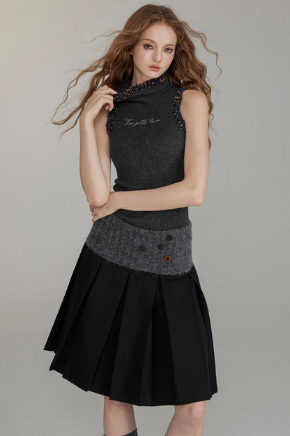 Wool Button Pleated A-Line Skirt