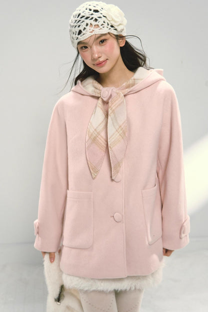 Pink Plaid Hooded Woolen Coat