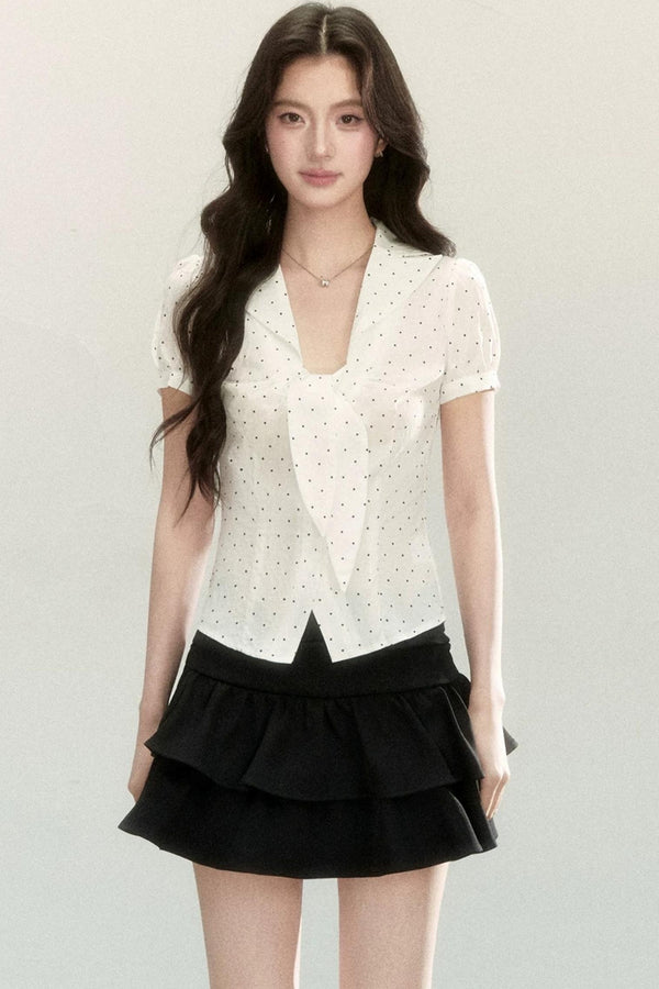 Polka Dot Tie-Collar Blouse