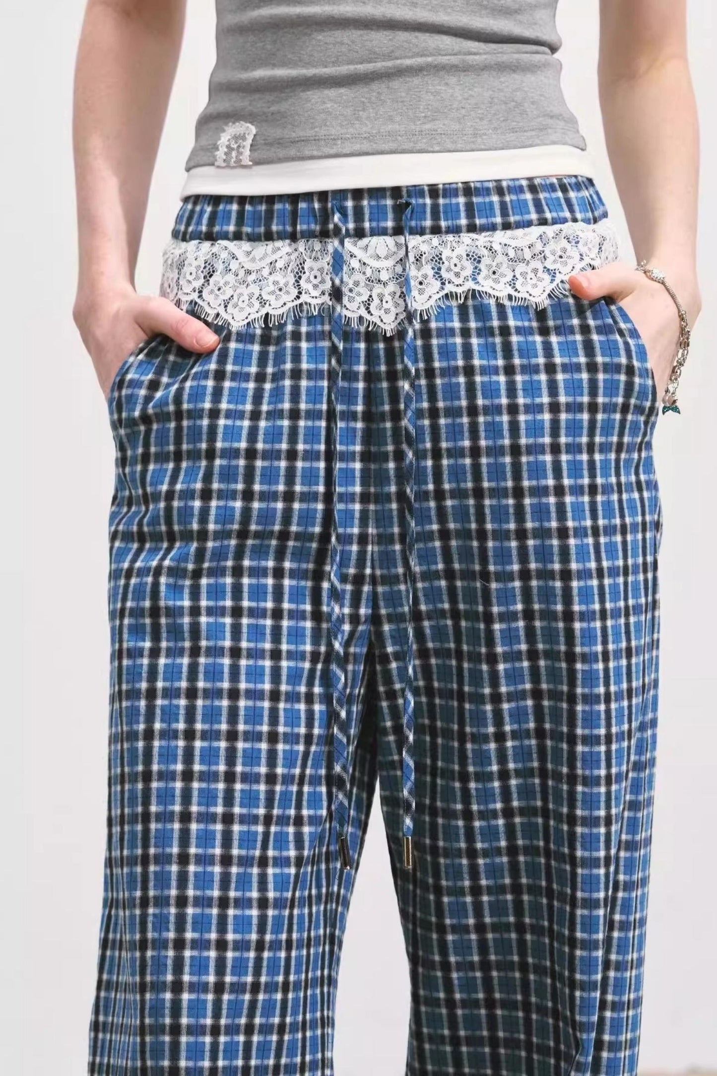 Blue Lace-Trimmed Plaid Wide-Leg Pants