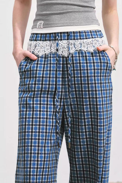 Blue Lace-Trimmed Plaid Wide-Leg Pants