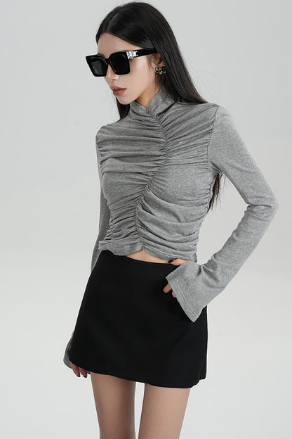 SRYSAME's fashionable design, pleated high-waisted base layer, T-shirt, long-sleeved top, autumn new women's wear