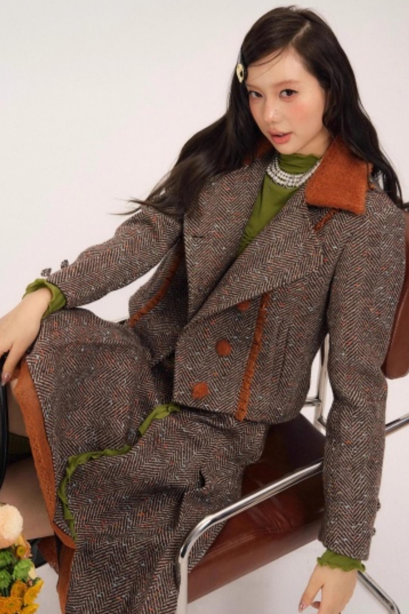 Vintage Wool Herringbone Coat Skirt Set-Up