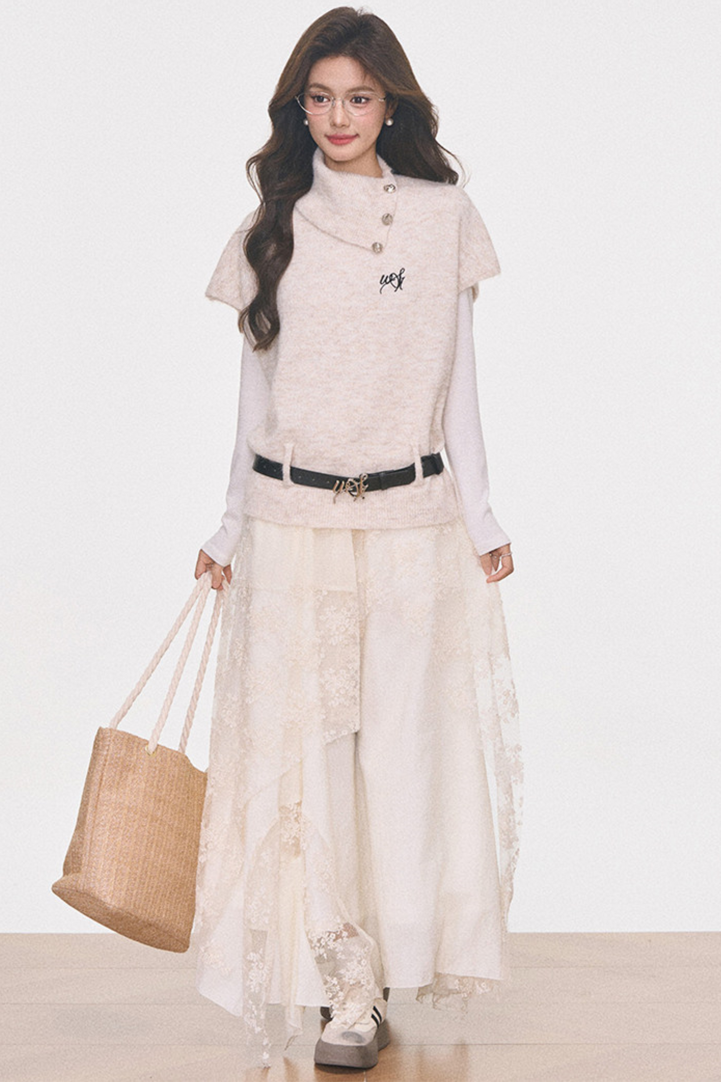 실버 버튼 플러터 스웨터 탑 셋업