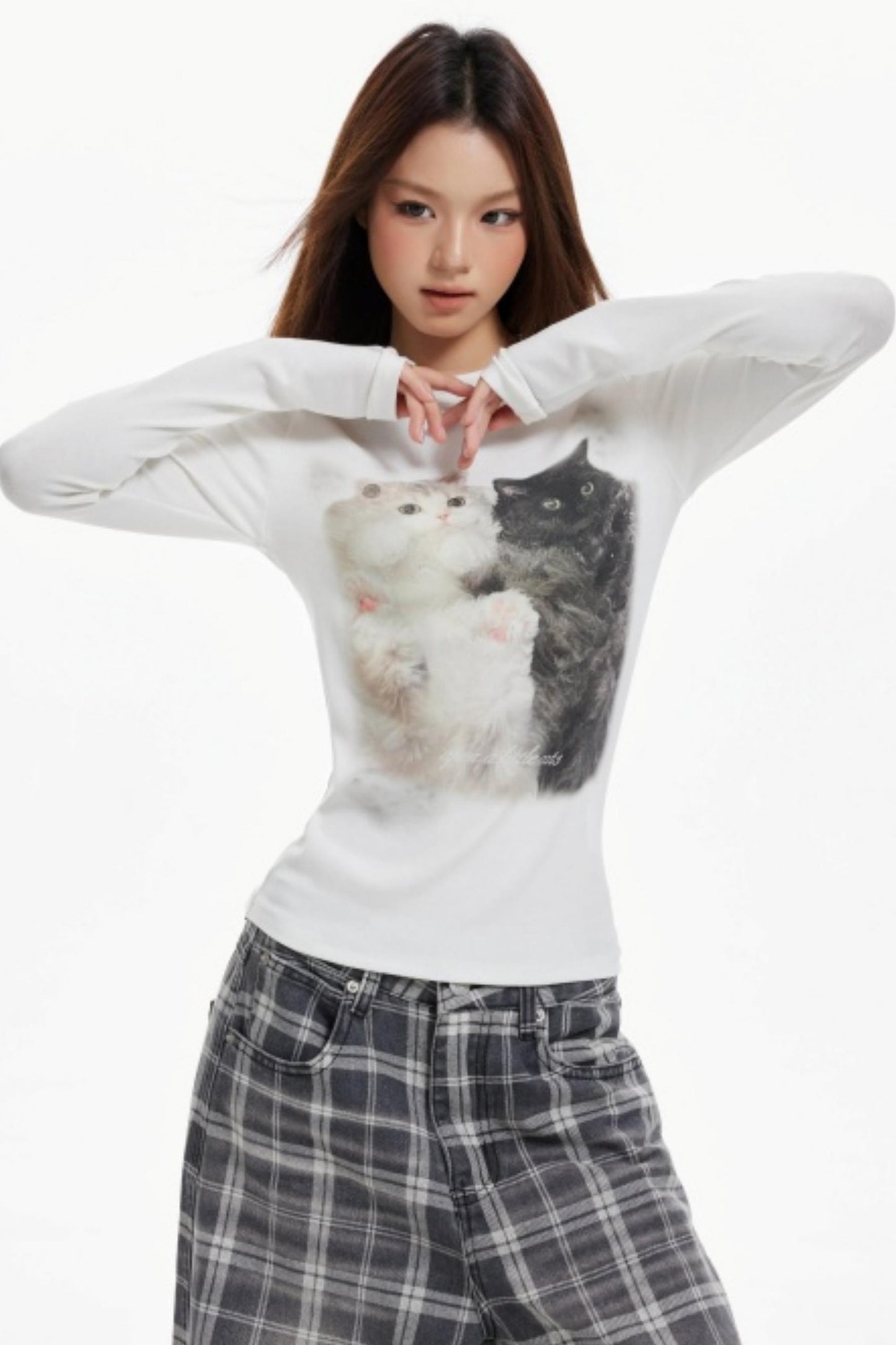 Cat Print Slim Knit Base Top