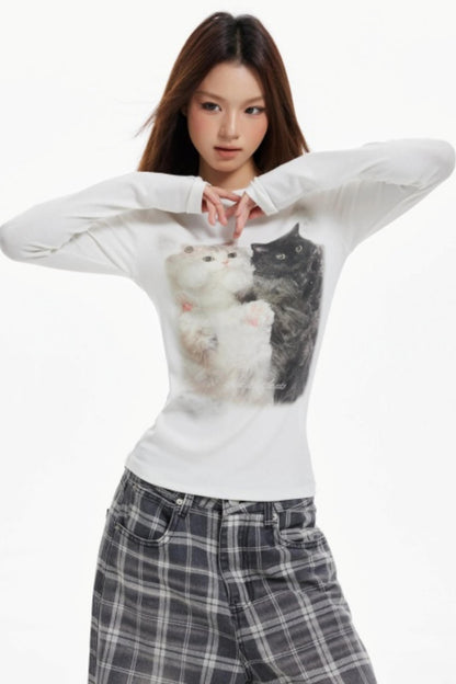 Cat Print Slim Knit Base Top