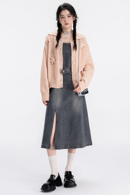 Robe à bretelles en denim lavé déchiré 