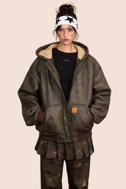 Distressed Fur Fleece Hooded Jacket