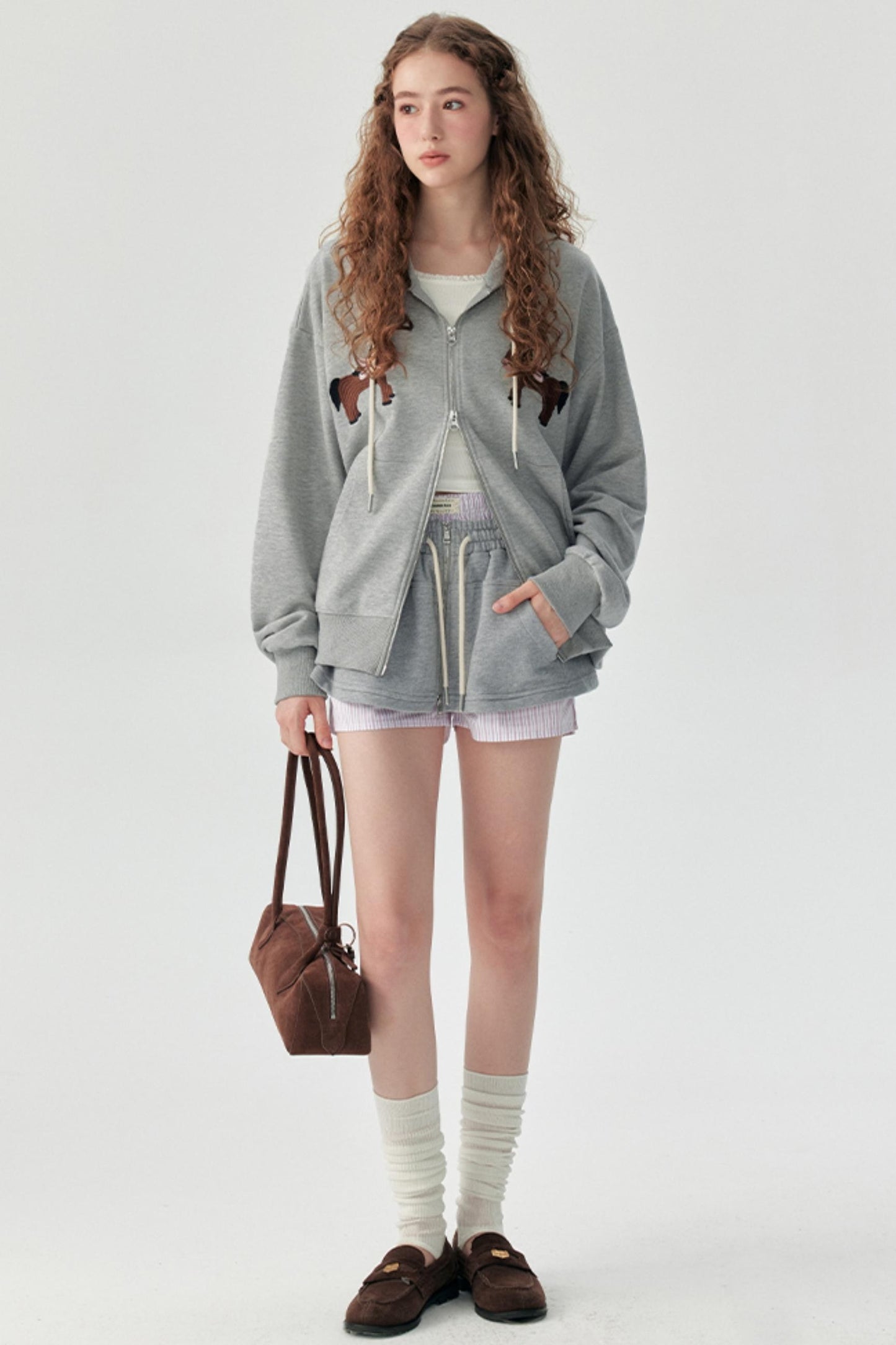 Gray Embroidered Hooded Sweatshirt Coat