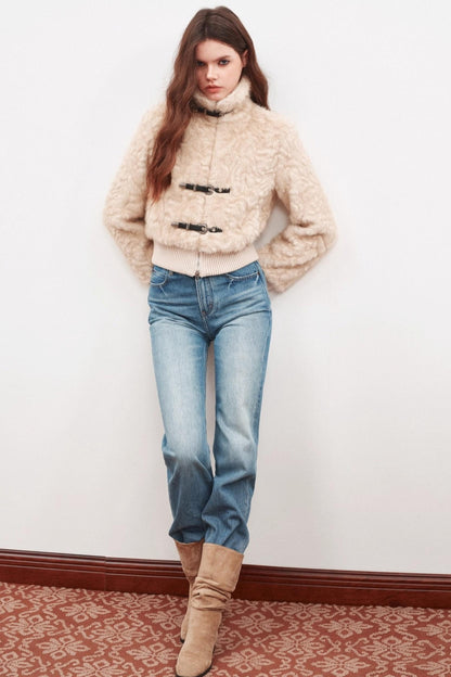 Leather Stand-Up Collar Woolen Short Jacket