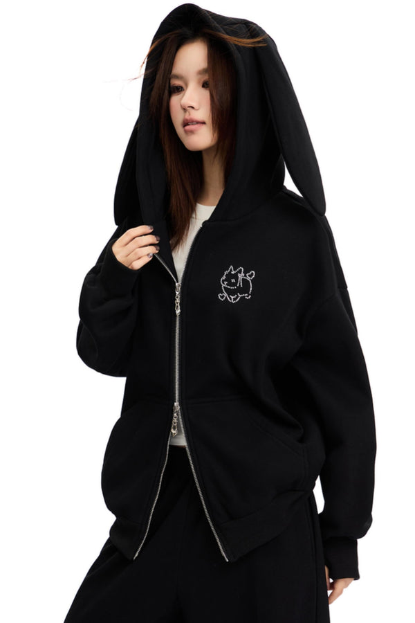 토끼 귀 후드 카디건 & 와이드 팬츠 세트 