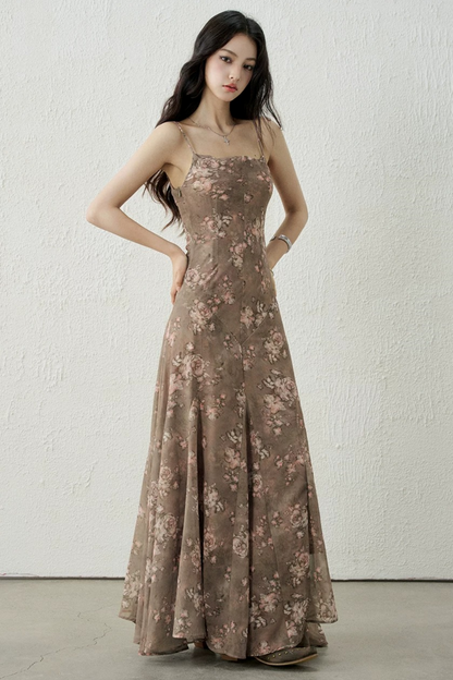 Chic Brown Floral Strap Dress